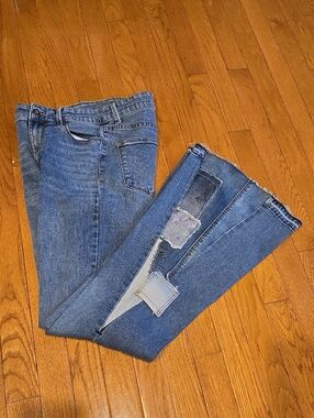 DKNY Boerum High Rise Upcycled Ultra Flare Denim Jeans, wider flare added, sz 28